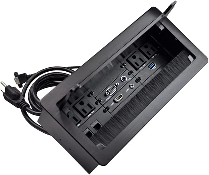 Table Power Brush Connectivity Box with 4 AC Power + 2 RJ45（CAT6） + 2 Audio 3.5mm + 1 VGA + 1 HDMI + 1 USB 3.0 (Female to Female) with 5.58ft Power Cord (Black)