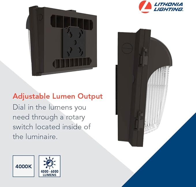 Lithonia Lighting 13" LED Wall Pack Outdoor Light Fixture, Building Wall Light, Adjustable Lumens, 4000K Cool White, MVOLT 120-277V, IP65, Glass Lens, Bronze (TWX2 LED ALO 40K MVOLT DDBTXD)