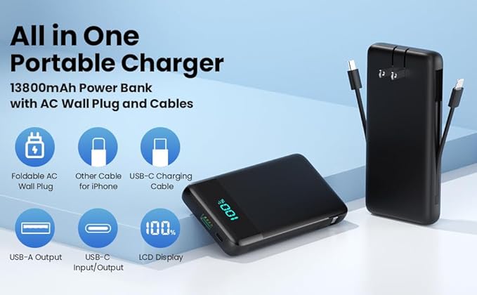 Portable Charger for iPhone with Built in Cables and Wall Plug,Upgraded 13800mAh Fast Charging USB C Power Bank,4 Outputs Travel Essential Battery Pack Compatible with iPhone 16/15/14,Samsung,Android