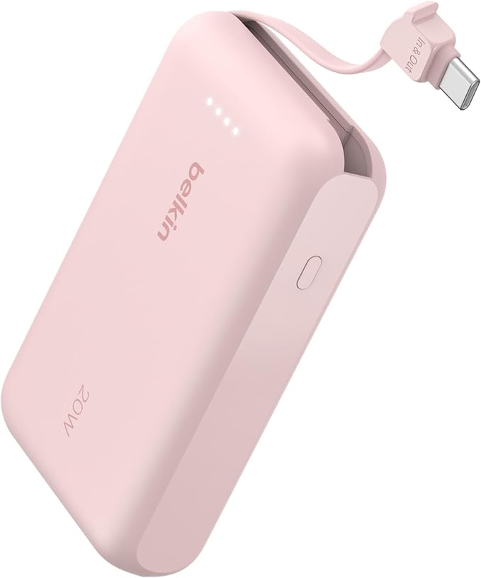 Belkin Portable Charger, Power Bank with Integrated Cable 10000 mAh 20W - Fast Charge USB C Power Delivery, iPhone Charger - iPhone 16 Series, iPad Pro, Galaxy S25, & More - Pink