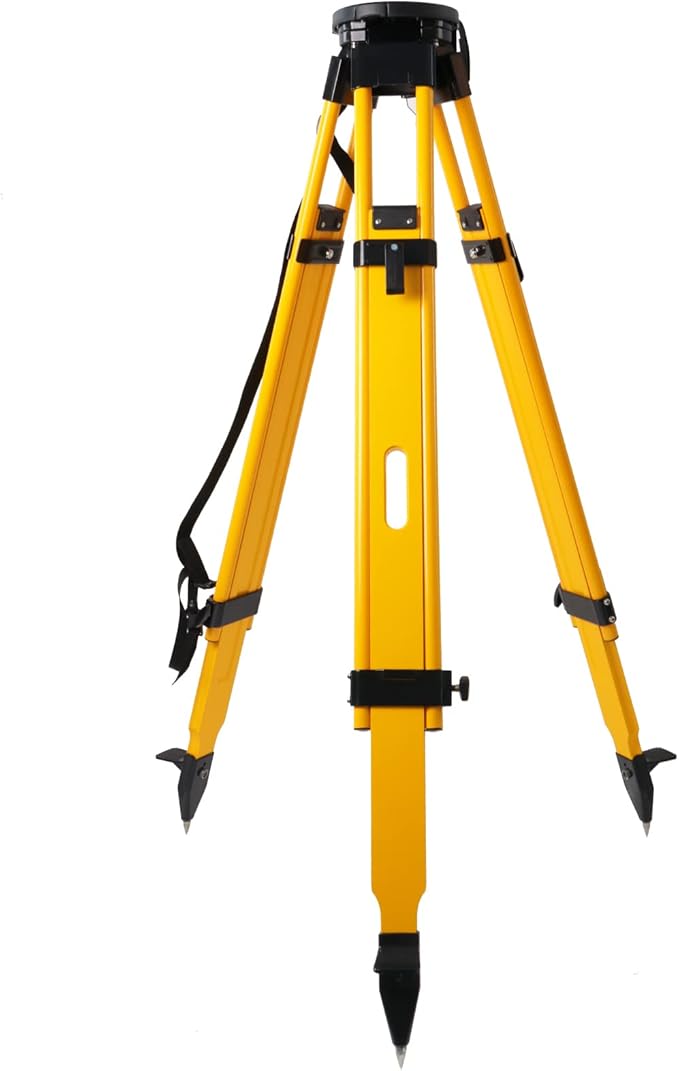 Fiberglass Surveying Tripod, Heavy Duty Yellow Fiberglass and Wood Tripod with Dual Clamp and Copper Center Screw for Robotic Total Stations and Theodolite (Flat Head-B)
