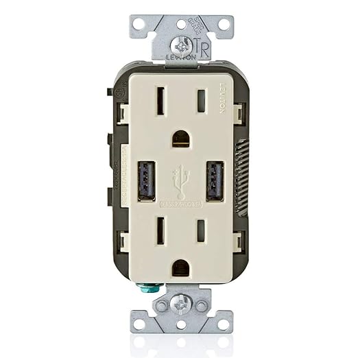 Leviton T5632-T Type-A USB in-Wall Charger with 15A Tamper-Resistant Outlet, USB Charger for Smartphones, Light Almond