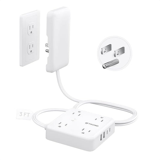 TROND Flat Plug Power Strip with Outlet Cover - 3ft Extension Cord with Multiple Outlets and 4 USB Ports, Mountable Surge Protector Outlet Concealer, Kitchen Home Improvement for Hide Messy, White