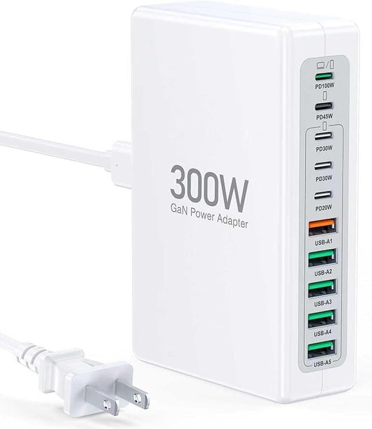 300W USB C Charging Block, 10-Port USB C Charging Station PD 100W Laptop Fast Charger Adapter for MacBook Air/Pro, iPhone 17/16/15/14/13 Pro Max, iPad Pro, DELL, Samsung Galaxy