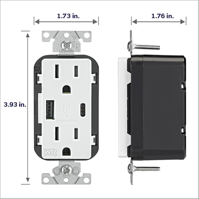 Leviton W5633-W Type A & Type-C USB In-Wall Charger with 15A Tamper-Resistant Outlet, Outdoor USB Charger for Smartphones and Tablets, Not for Laptops, White