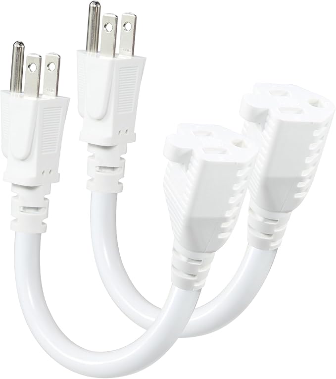 KUNCAN Short Power Extension Cord - 15A 6 Inch 3 Prong Outlet Saver, 1875W 14AWG/3C SJTW Heavy Duty Power Cord Extension Cable (NEMA 5-15P to NEMA 5-15R) Indoor/Outdoor Use, White 2-Pack