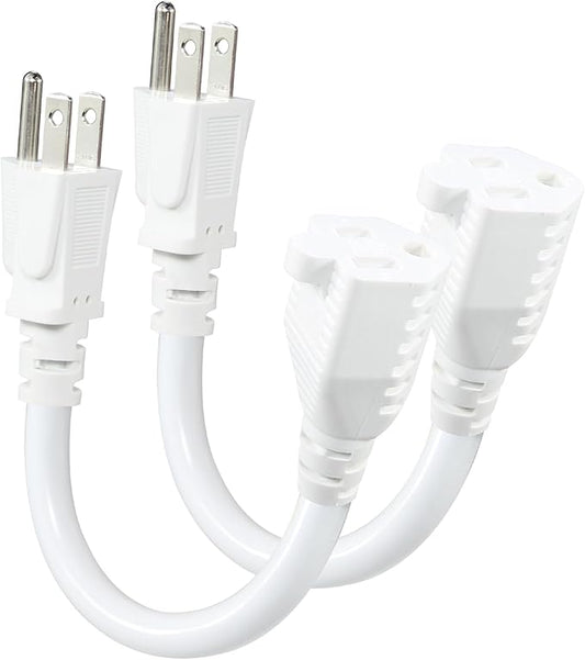 KUNCAN Short Power Extension Cord - 15A 6 Inch 3 Prong Outlet Saver, 1875W 14AWG/3C SJTW Heavy Duty Power Cord Extension Cable (NEMA 5-15P to NEMA 5-15R) Indoor/Outdoor Use, White 2-Pack