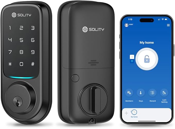 Solity No-Hub Smart Digital Door Lock, Designed in Korea, Keyless Entry, Wi-Fi, Remote Control, Touchscreen Keypad, Auto Lock, IP54 Waterproof, Matt Black GT10K