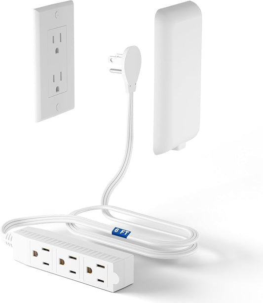 Flat Plug Power Strip Detachable, 3-Outlet 6ft Ultra Thin White Wall Extension Cord 13A 125V 1625W, Space-Saving,Suitable for Kitchen,TV, Living Room,Bedroom, Narrow Space, ETL Listed