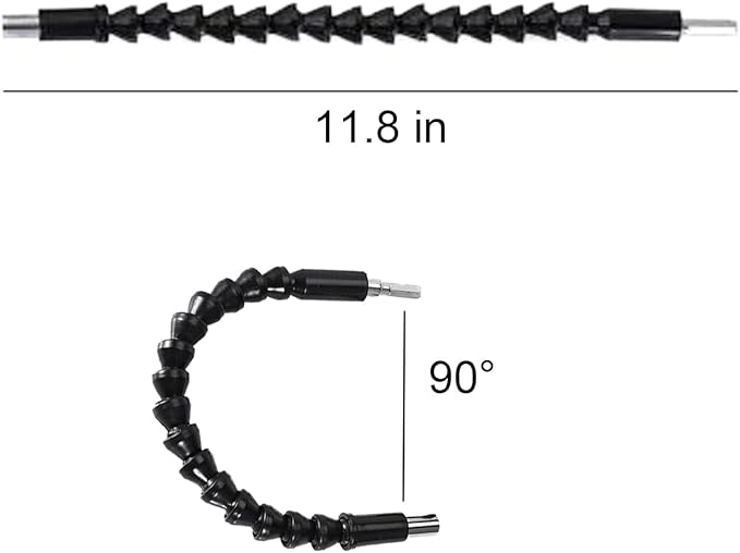 17-Piece Flexible Drill Bit Extension Set with 3 rotatable socket adapters, 2 hex shank 105° right angle drill attachments, 10 short screwdriver bits, and a 90° angled bit with a flexible extension