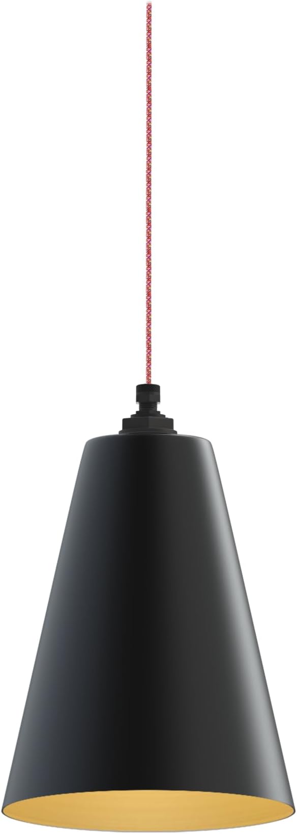 Steel Lighting Co. Laurel Pendant Light | Ceiling Mounted | 8.5 inch Cone Shade | Modern Contemporary Farmhouse Style Made in America | Sprinkles Cloth Cord | Matte Black Exterior/Brass Interior