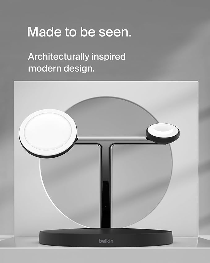 Belkin MagSafe Charger, 3-in-1 Wireless Charging Stand, 2ND GEN, 33% Faster for Apple Watch, iPhone 16, iPhone 15, iPhone 14 Series, AirPods - MagSafe Charging Station for Multiple Devices - Black