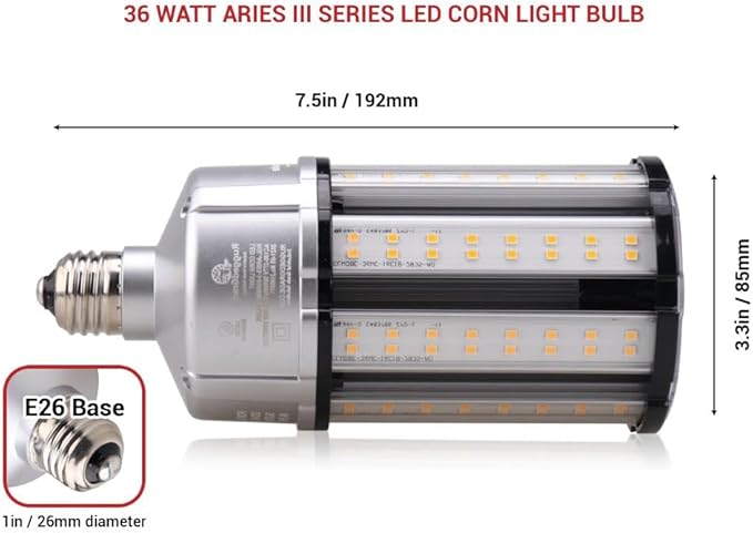 RuggedGrade Aries III 36W LED Corn Bulb | 4,900 Lumens | 4000K | E26 Base | Dimmable with 4KV Surge Protection | DLC 5.1 Premium