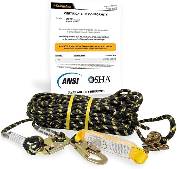 KwikSafety - Charlotte, NC - TSUNAMI [Premium BRAIDED ROPE] Vertical Lifeline ANSI OSHA Rope Grab Snap Hook Shock Absorber Fall Protection Line Kit Restraint System Roofing Safety Equipment / 100 FT.