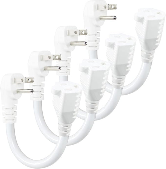 KUNCAN Short Power Extension Cord - Low Profile Wall Head 6 Inch 14AWG/3C SJTW Heavy Duty Extension Cable for Indoor/Outdoor, 90-Degree Flat Plug 15A/125V 1875W NEMA 5-15P to NEMA 5-15R, White 4-Pack