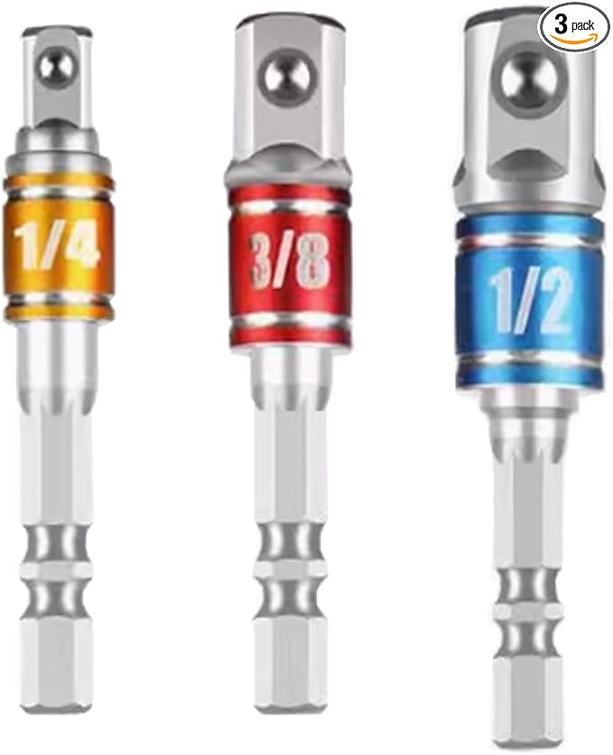 Impact Socket Adapter Set with 3 joint sockets (1/4", 3/8", 1/2") that transforms your power drill into a high-speed nut driver. Includes drill adapter and extension set for versatile use