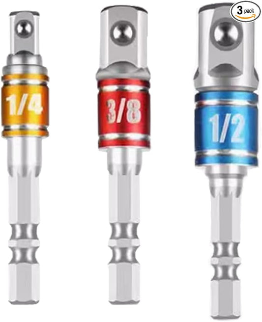 Impact Socket Adapter Set with 3 joint sockets (1/4", 3/8", 1/2") that transforms your power drill into a high-speed nut driver. Includes drill adapter and extension set for versatile use
