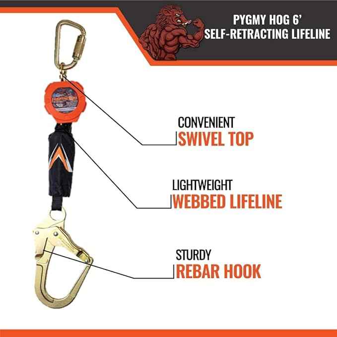 Malta Dynamics Pygmy Hog Web Self Retracting Lifeline – Fall Protection Retractable Safety Lanyard with Connector Kit and Rebar Hook, OSHA Compliant & ANSI Compliant (6 Foot Dual Kit)