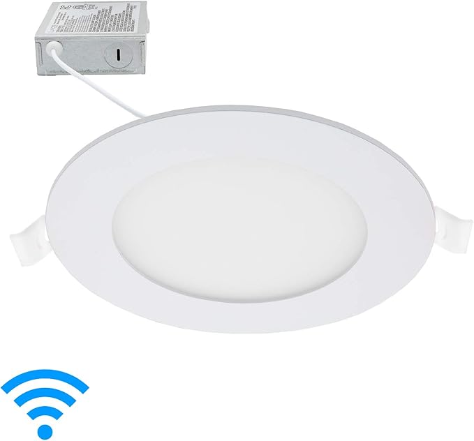 Maxxima Luvoni 4 in. Smart WiFi Dimmable Slim Round LED Downlight, CCT 2700-6500K, Google Home/Alexa Compatible Flat Panel Light Fixture, 600 Lumens 10 Watt, Junction Box Included