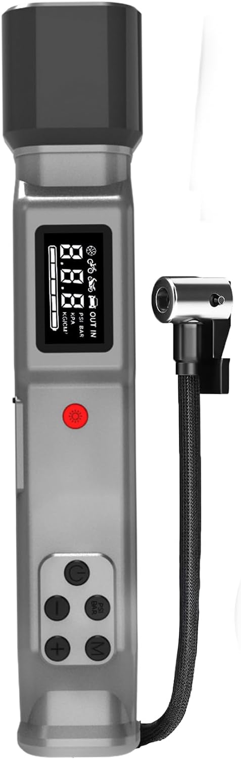 Portable Air Pump & Tire Inflator 3-in-1 Emergency Tool Kit – High-Power LED Flashlight, 150 PSI Cordless Compressor, 12 V DC & Rechargeable Battery, Digital Pressure Gauge for Car, Bike, Motorcycle,