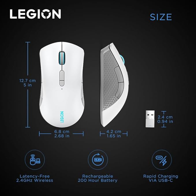 Lenovo Legion M600 RGB Wireless Gaming Mouse – 16,000 DPI, 9 Programmable Buttons, 200-Hour Battery Life, 50-Million Clicks Durability – Ambidextrous Computer Mouse (Stingray)