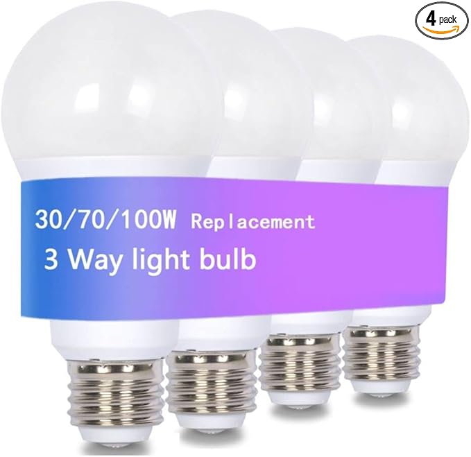 VVH 3-Way LED Light Bulb 3/7/10W - 30/70/100W Equivalent Warm White 2700K, A19 E26 Base Three Way Light Bulbs for Reading, Table & Floor Lamps | 3-Level Dimmable Indoor Bulbs(4-Pack)