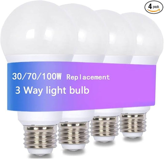 VVH 3-Way LED Light Bulb 3/7/10W - 30/70/100W Equivalent Warm White 2700K, A19 E26 Base Three Way Light Bulbs for Reading, Table & Floor Lamps | 3-Level Dimmable Indoor Bulbs(4-Pack)