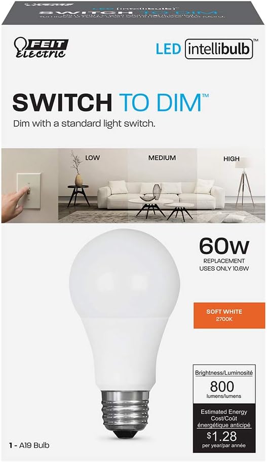 Feit Electric OM60/3DIMCA/LEDI 65W Equivalent IntelliBulb Switch to Dim A19 LED Light Bulb, 2700K Soft White (Pack of 2)