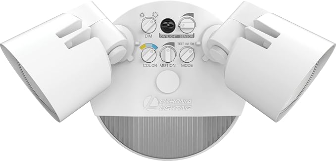 Lithonia Lighting HomeGuard 2-Light LED Outdoor Flood Lights, Motion Sensor Outdoor Lights with Dusk to Dawn, Adjustable Lumens and Color, Round Heads, White (HGX LED 2RH ALO SWW2 120 PIR WH M2)