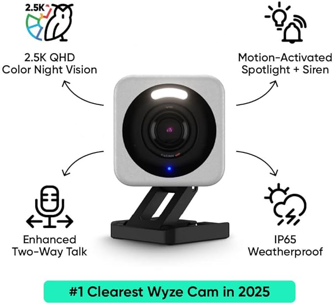WYZE Cam v4, 2.5K HD WiFi Smart Home Security Camera, Indoor/Outdoor, Pet/Baby Monitor, Motion Activated Spotlight/Siren, Color Night Vision, 2-Way Audio, Works with Alexa & Google, Wired, Grey