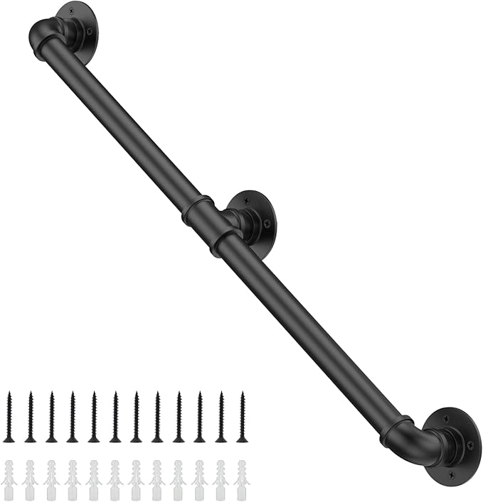 Willstar 5FT Industrial Staircase Handrail Non-Slip Pipe Bar Foot Rail Wall Mount Stair Rail Vintage Grab Bar for Steps Black Iron Pipe Handrail for Outdoor Indoor Stairs Loft Porch Hand Rail (5ft)