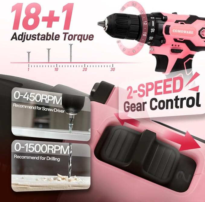 COMOWARE 12V Pink Cordless Drill Home Tool Kit, Pink Drill Set for Women, Lady's Home Repairing Tool Kit Hand Tool Set for DIY Large-Capacity Tool Storage Bag Included