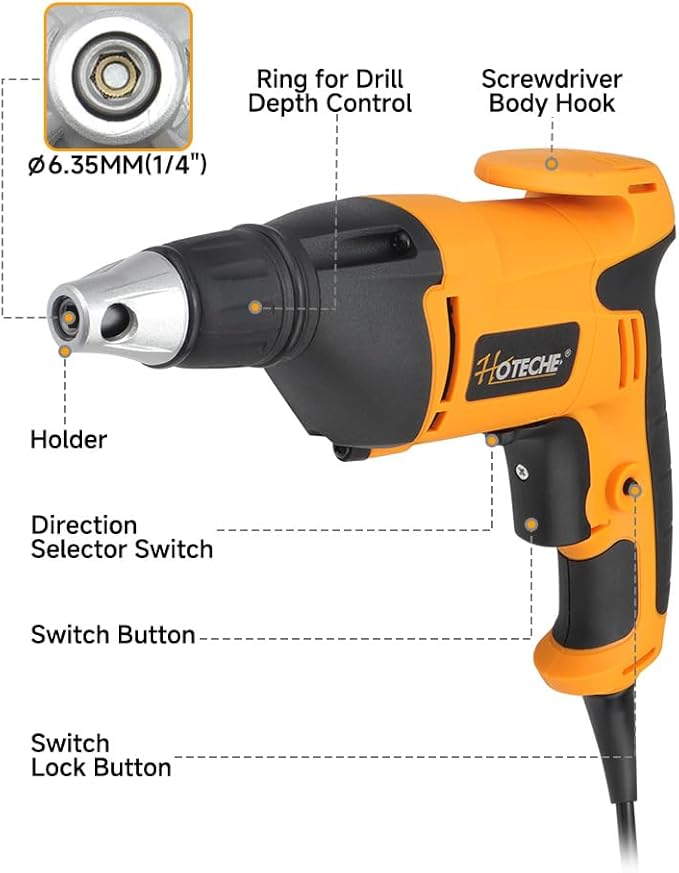 Hoteche 4.5-Amp Drywall Screw Gun, Electric Screwdriver with Variable Speed 0-4500 RPM, 1/4" Chuck, Forward & Reverse Switch