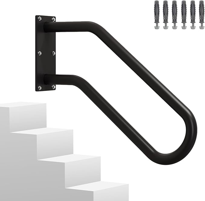 Hand Rails for Outdoor 1-2 Steps, Indoor Stairs, Bathroom, Wall Mount Non-Slip U-Shape Stair Hand Railing Black 1 Pack