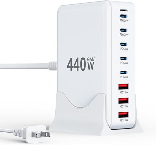 USB C Charger Block 440W Charging Station Hub,8 Port GaN III Fast Charging Brick with 5ft Extension Cord,PD QC PPS 100W Laptop Power Adapter for MacBook Pro/Air,iPhone 16/15,Samsung Galaxy,Dell etc