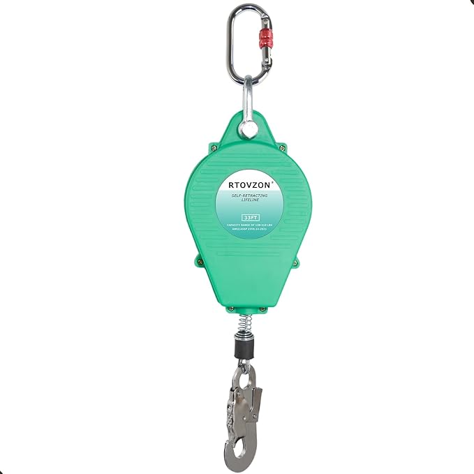 33FT Self Retracting Lifeline RTOVZON Fall Arrest Fall Protection Steel Wire Rope Heavy Duty Retractable Lanyard, Roofing Lifeline, SRL, Safety Lanyard