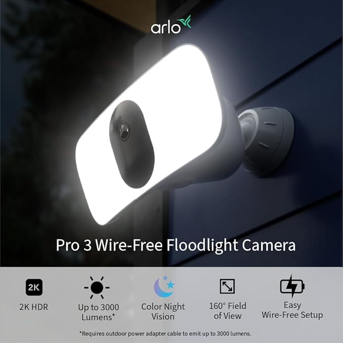 Arlo Pro 3 Floodlight Security Camera 2K HDR 2000-3000 Lumens | Wire-Free | Protect Driveways & Alleyways | Connects to Wi-Fi | Color Night Vision, Motion Sensor, 2-Way Audio, Rechargeable (White)