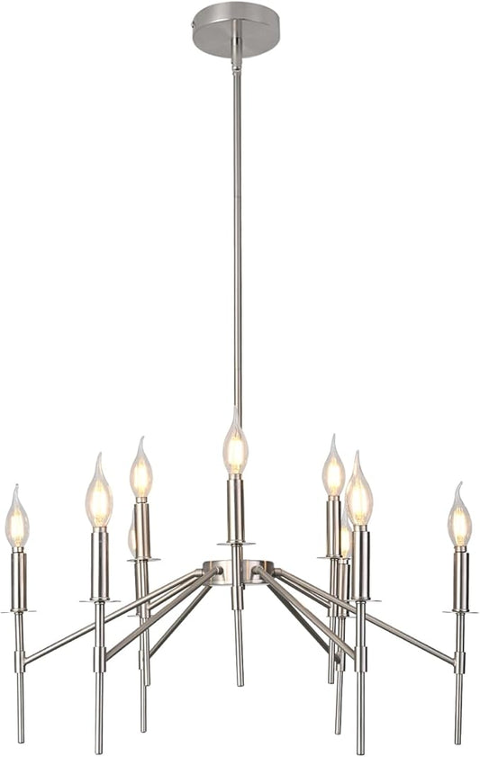 9 Light Brushed Nickel Chandelier for Dining Room Light Fixture, Industrial Modern Farmhouse Chandeliers, Hanging Silver Chandelier for Kitchen Living Room Bedroom Foyer Entryway