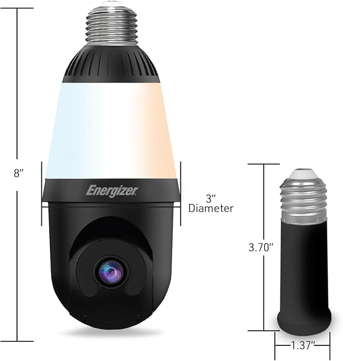 Energizer Smart 2K Light Bulb Security Camera, 1000 Lumens LED Light, 5GHz & 2.4GHz Wi-Fi Outdoor Socket Camera, Auto Tracking, Pan and Tilt, Night Vision, 2-Way Audio, Works with Google Home & Alexa
