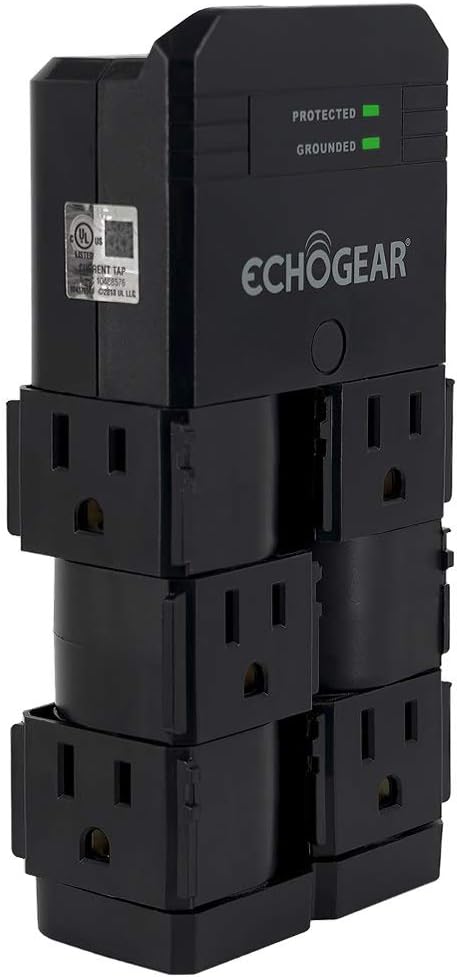 ECHOGEAR On-Wall Surge Protector with 6 Pivoting AC Outlets & 1080 Joules of Surge Protection - Low Profile Design Installs Over Existing Outlets to Protect Your Gear (Black)