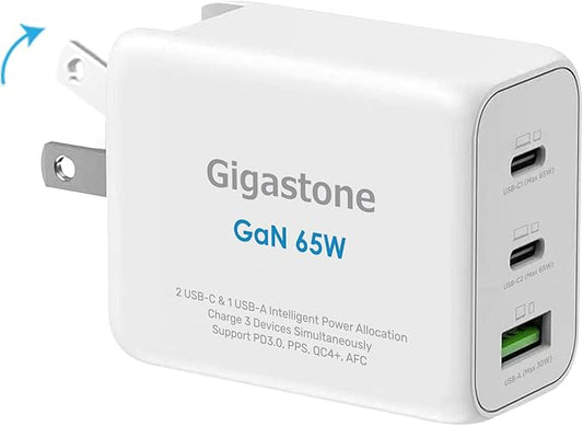 Gigastone 65W USB C Charger GaN Power Pro PPS Multiple Port Intelligent Power Allocation, Compact Foldable Plug Travel, Full Speed GaN Charger MacBook Air/Pro Dell XPS iPad iPhone 16/15 Galaxy S24