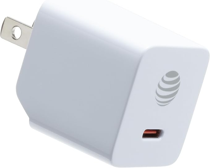 AT&T USB-C Fast Charging Wall Charger Cube Foldable Power Adapter Plug Brick Compatible w/iPhone 15/16/Plus/Pro/Pro Max, Galaxy S25/S24/Plus/Ultra 20W White