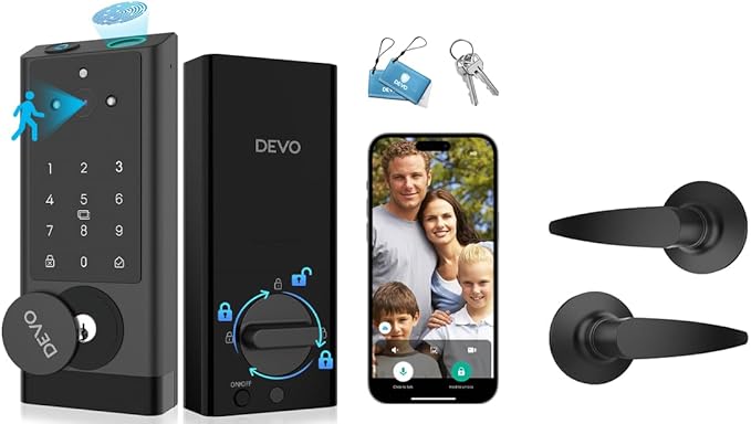 DEVO G1 Smart Lock with Handle Set, 6-in-1 Keyless Entry Door Lock, Video Smart Deadbolt with Fingerprint, Built-in Wi-Fi, App Remote, Auto Lock, IP65 Waterproof Front Door Lock, Easy Install