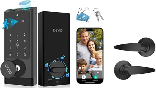 DEVO G1 Smart Lock with Handle Set, 6-in-1 Keyless Entry Door Lock, Video Smart Deadbolt with Fingerprint, Built-in Wi-Fi, App Remote, Auto Lock, IP65 Waterproof Front Door Lock, Easy Install