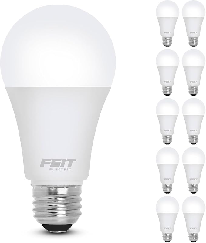 Feit Electric A19 LED Light Bulb, 60W Equivalent, Non Dimmable, 800 Lumens, E26 Medium Base, 3000k Bright White, CRI 90, 10 Year Lifetime, UL Listed, Damp Rated, 10 Pack, OM60/930CA10K/10