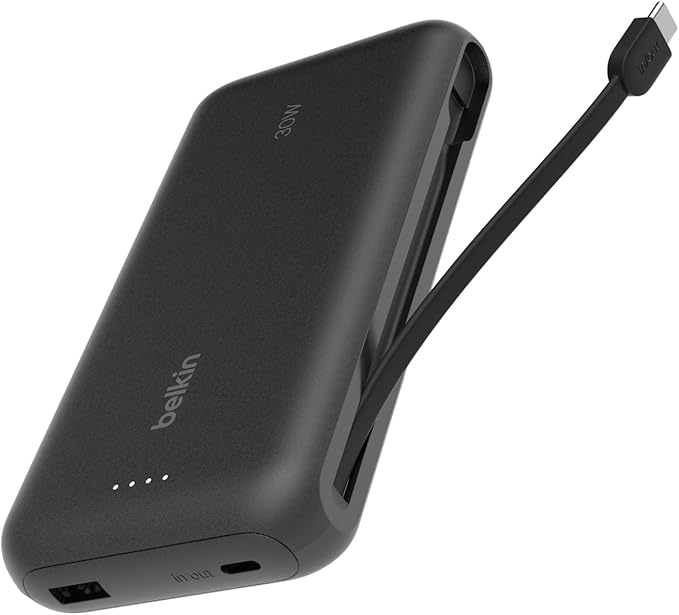 Belkin Portable Charger, Power Bank with Integrated Cable 20000 mAh 30W - Fast Charging USB C Power Delivery, iPhone Charger - iPhone 16 Series, iPad Pro, Galaxy S25 Series, & More - Black