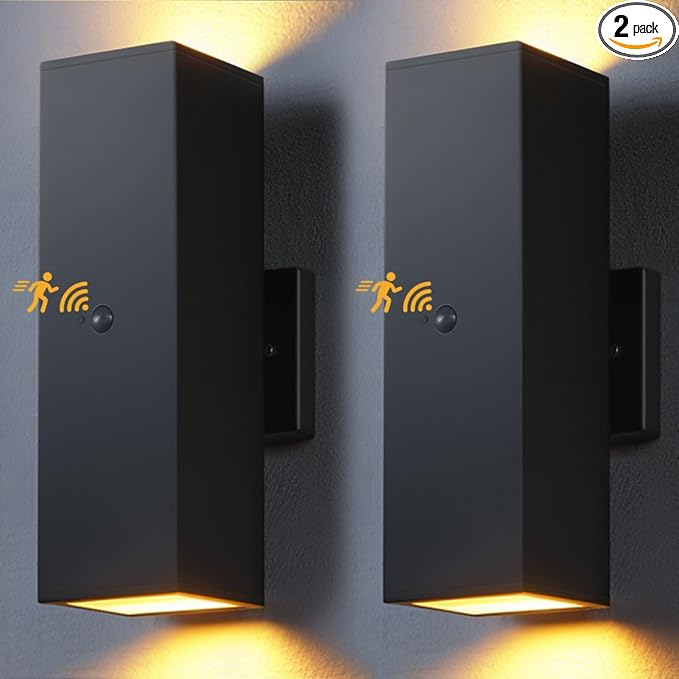 SHlMR Motion Sensor Porch Light 2 Pack, Dusk to Dawn Outdoor Light Fixture Wall Mount with Bulbs Include, Black Outdoor Sconce Lights Aluminum, Modern Up and Down Outside Lights for House, ETL Listed