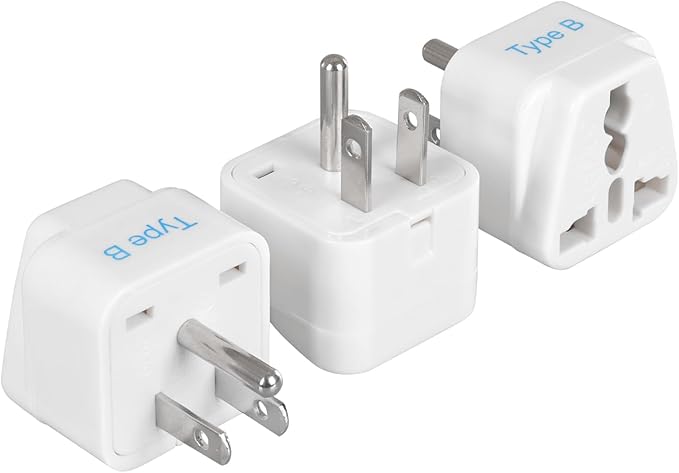 Ceptics Europe to US plug adapter, Type B USA Plug adapter compatible with plugs from Europe, India, and other countries - India to USA plug adapter is CE Certified & RoHS Compliant, White, 3 Pack