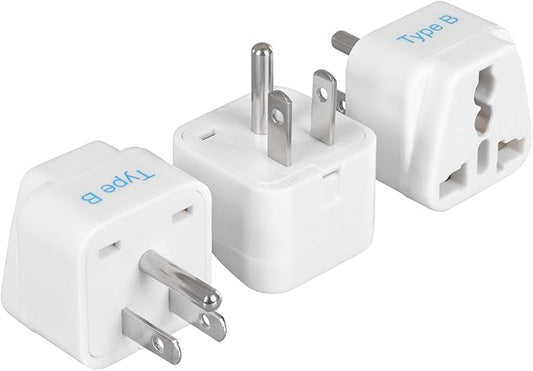 Ceptics Europe to US plug adapter, Type B USA Plug adapter compatible with plugs from Europe, India, and other countries - India to USA plug adapter is CE Certified & RoHS Compliant, White, 3 Pack