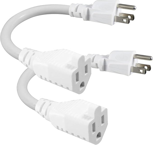 [2 Pack] Short 3Prong Power Extension Cord - White 6inch Mini Indoor Grounded Extension Cord,16AWG Small Electrical AC Extension Cord for Power Strip, 13amp Male to Female Household Extender Cable